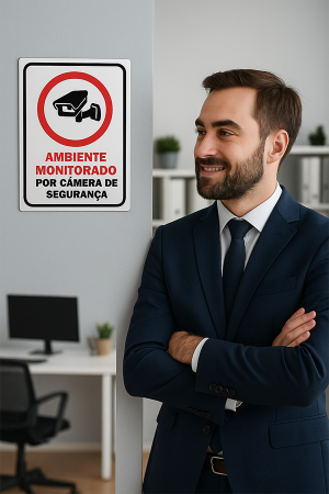 Kit 5 Placas \"Ambiente Monitorado por Câmera de Segurança\" Placa de PS 1mm 15x20 cm 4x0 ImpressãoUv Corte Reto 