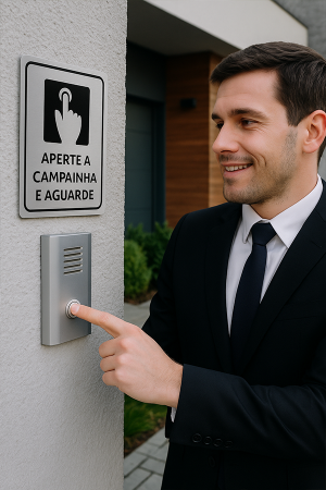 PLACA DE SINALIZAÇÃO APERTE A CAMPAINHA E AGUARDE ACM Aço Escovado 15x20 cm 4X0 Impressão UV Corte Especial 
