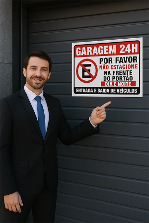 Placa Garagem 24h Por Favor Não Estacione PS 1 mm 30x20 cm 4x0 Impresso UV Corte Reto 